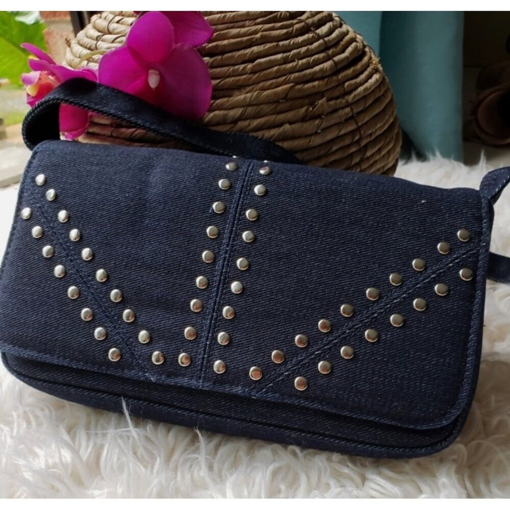 Vintage 90s Y2K Denim Studded Shoulder Bag With Card Holder & Zip Compartments